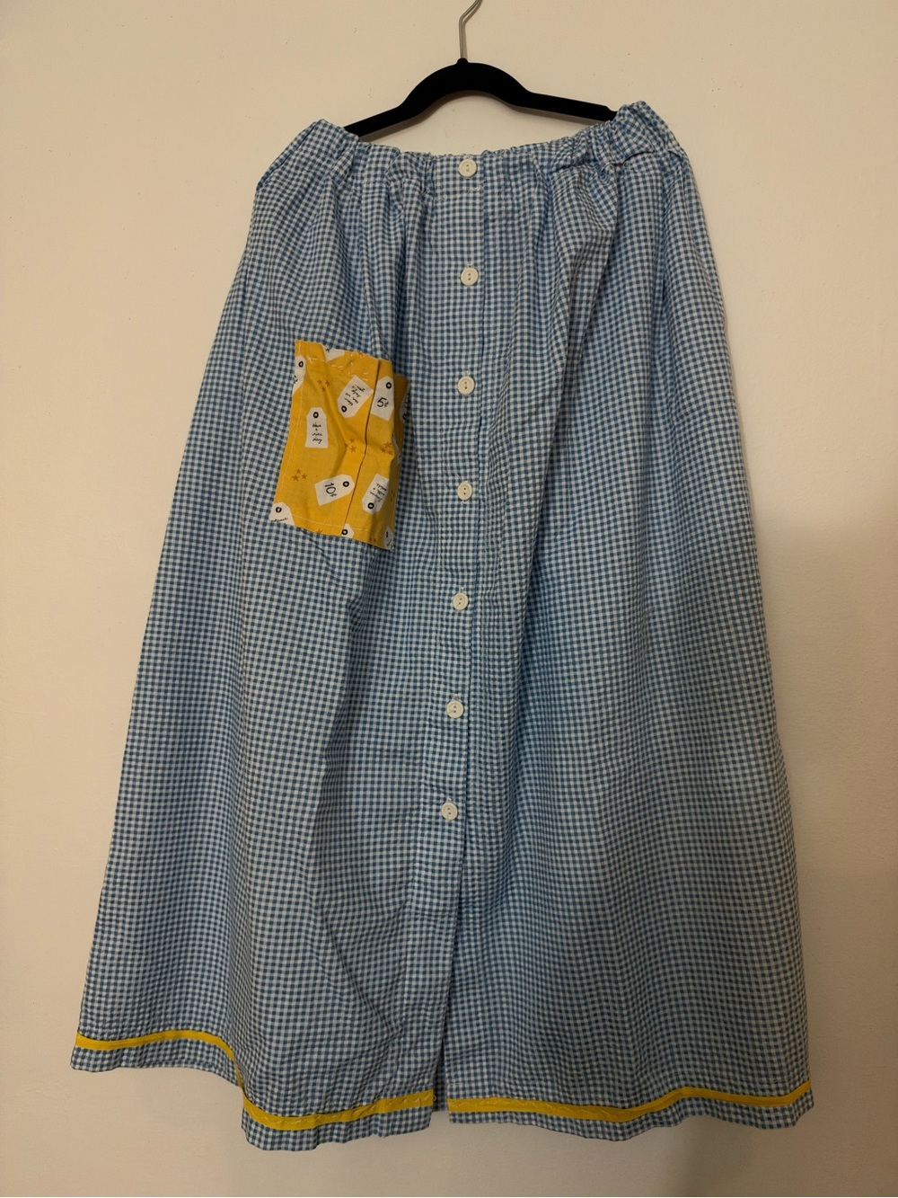 Blue Gingham Button-Front Midi Skirt with Yellow Pocket